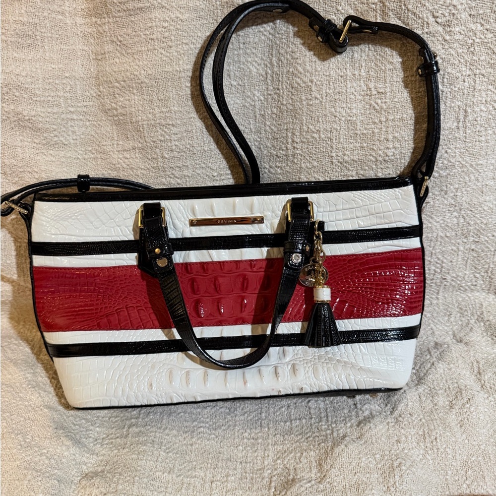 Brahmin White, Red & Black Croco-Texture Stripe Tote